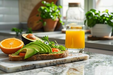 Healthy breakfast being prepared on a marble kitchen counter, avocado toast and orange juice