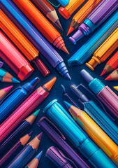 various school supplies like pens, pencils, and markers, representing diversity and versatility.