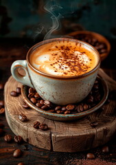 Steaming cup of coffee with latte art and coffee beans. Warm and inviting.