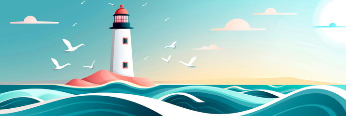 lighthouse with ocean waves and seagulls, vintage nautical style