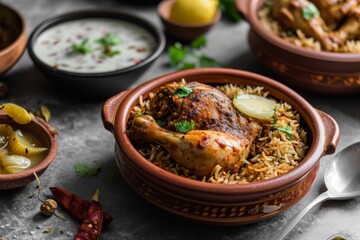 Chicken biriyani using jeera rice and spices arranged in earthenware with raitha and lemon pickle, Ai generated