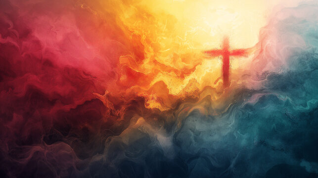 A colorful painting of a cross in the sky with a red and blue background