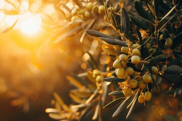 Lush image of an olive tree at full bloom during sunset, casting warm light on the olives