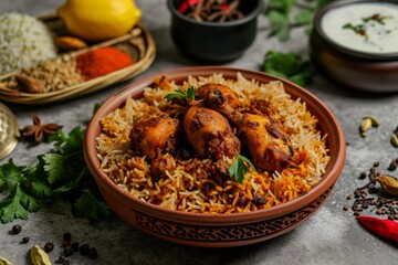 Chicken biriyani using jeera rice and spices arranged in earthenware with raitha and lemon pickle, Ai generated
