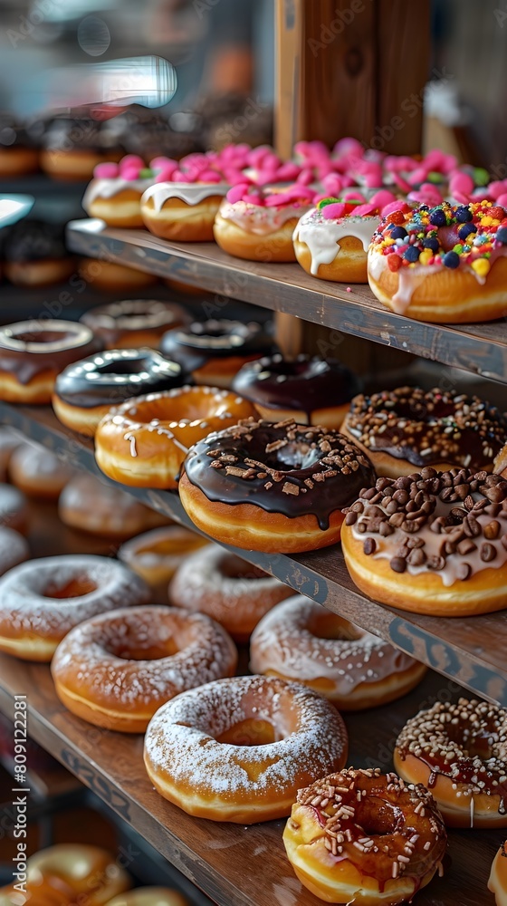 Poster artisanal donut varieties displayed in cheerful bakery setting with copy space