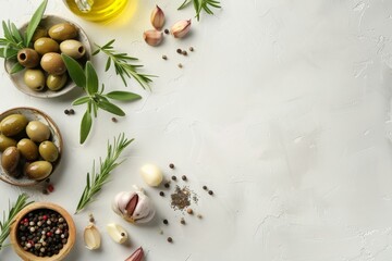 Fototapeta na wymiar Modern flat lay of olives and cooking ingredients like garlic and herbs on a clean white surface