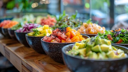 Vibrant Hawaiian Poke Bowl Display with Fresh Seafood and Produce Ingredients for Restaurant or Cafe Presentation