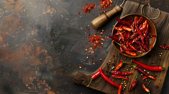 Hot and spicy bowl of crushed dry chili red peppers on wooden cutting board pepper flakes on black table copy space - Powered by Adobe