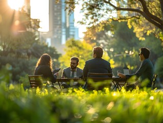 Outdoor Business Professionals Collaborating in Urban Park Setting