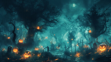 Fototapeta na wymiar A Halloween themed scene with a graveyard and trees