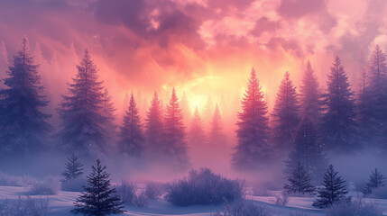 A forest with trees covered in snow and a pink and orange sky