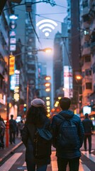 Obraz premium Business Professionals Utilizing Outdoor Wi Fi Hotspots for Remote Work in Urban Landscape