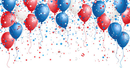Balloons and confetti being thrown into the air, holiday season celebration, American flag in background, 4th of July, highly decorated, carnival atmosphere, celebrating, happy