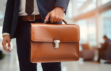Fototapeta premium hands of businessman holding a briefcase on blurred office backg