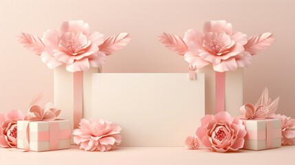 Wrapped pink Gift Boxes, paper flowers and feathers, mockup