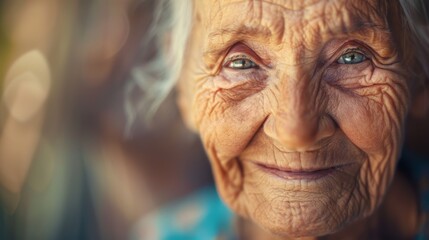 Close-up portrait of a smiling elderly woman with deep wrinkles