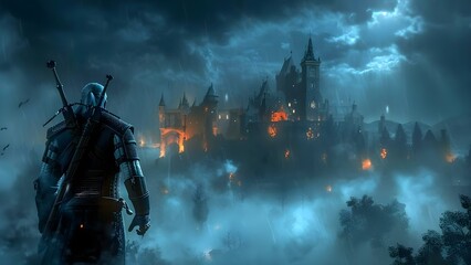 Witcher hero stands in misty castle ready for adventure and danger. Concept Fantasy, Adventure, Witcher, Castle, Mystery