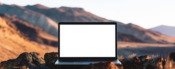 Laptop with blank screen outdoor natural setting
