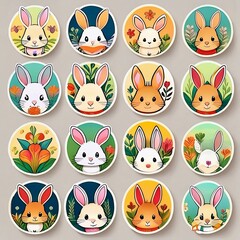 Fototapeta premium Circular Bunny Stickers featuring adorable illustrations of fluffy bunnies in various poses