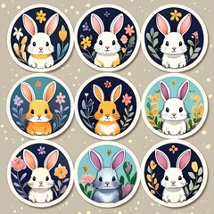 Fototapeta premium Circular Bunny Stickers featuring adorable illustrations of fluffy bunnies in various poses