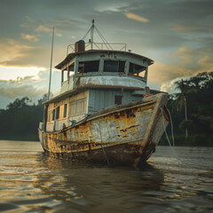 small old boat sailing in the waters of a river near the shore