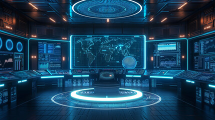 A futuristic room with a large monitor displaying a map of the world