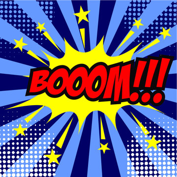 Booom comic text effect with halftone explosion. comic book balloon