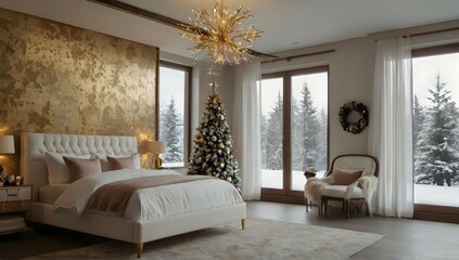 Beautiful Christmas white and gold wedding bedroom facing facing forward. Christmas reef on back wall. Bed facing forward camera. Window in the back with snow falling outside. Close view. Full image