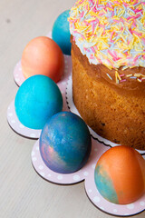 bright Easter cake and colorful painted eggs, Easter holiday