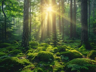 Fototapeta premium Bright sun rays filtering through dense forest foliage