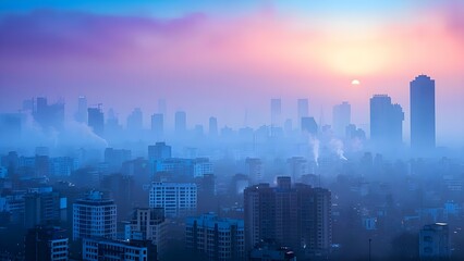 Image shows polluted city skyline highlighting negative impact of urban air pollution. Concept Urban Air Pollution, Environmental Degradation, Polluted Skies, Cityscape Pollution, Negative Impact