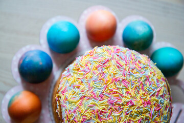 bright Easter cake and colorful painted eggs, Easter holiday