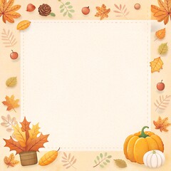 Fototapeta premium Cozy Autumn-themed Frame: Warm Earthy Colors, Soft Stitched Border - Ideal for Text or Photos. Surrounded by Fall Elements. Background Enhances Festive Feel of Fall.