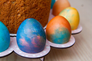 bright Easter cake and colorful painted eggs, Easter holiday
