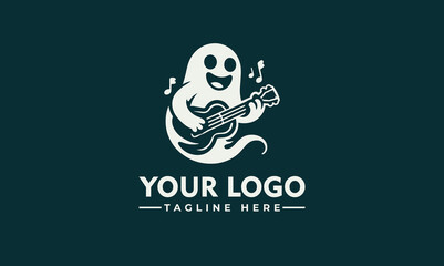 ghost with guitar mucic vector logo ghost and guitar in negative space logo stock vector 