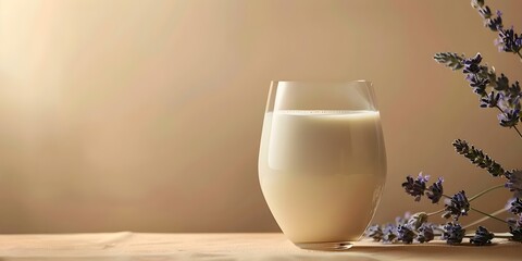 Vegan organic nondairy milk in a glass on beige kitchen background. Concept Vegan Dairy Alternative, Organic Nutrition, Plant-Based Lifestyle, Healthy Eating, Sustainable Living