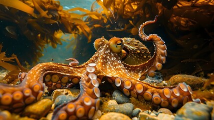 Octopus Blending Within Underwater Seabed Habitat in Coastal Marine Environment