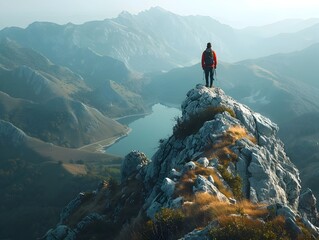 Obraz premium Lone Hiker Stands Atop a Majestic Mountain Summit Gazing Out at the Boundless Panoramic Vistas Below