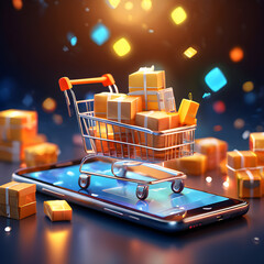 Shopping trolley cart with gifts on mobile smartphone Online e-commerce store internet digital sale concept poly illustration