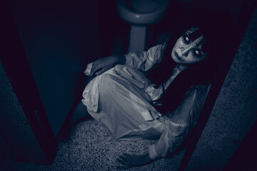 Portrait of asian woman make up ghost,Scary horror scene for background,Halloween festival...