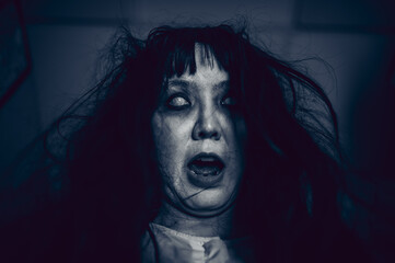 Portrait of asian woman make up ghost,Scary horror scene for background,Halloween festival...