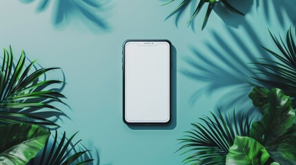 Smartphone mockup with blank screen and tropical palm leaves on blue background. 3d rendering