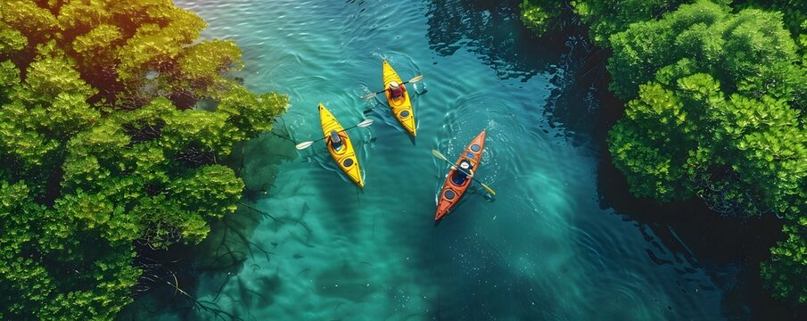 Tranquil Kayak Adventure Through Lush Mangrove Forest Exploring Coastal Ecosystems and Marine Life