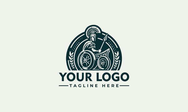 gladiator in chariot vector logo roman gladiator in wheel cart riding horses. ancient greek sport with racehorses. man standing in carriage during horseracing. flat vector illustration
