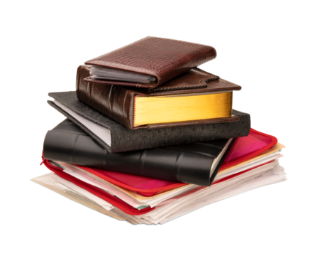 Stack of photo albums, business card holder, red spiral bound brochure and red plastic folder with paper documents isolated on a transparent background