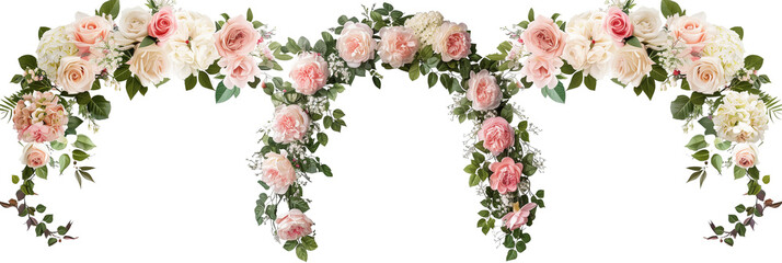 set of flower arches with roses, peonies, and hydrangeas accented with greenery, isolated on transparent background
