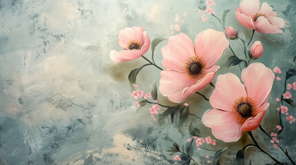 A painting of pink flowers with a blue background