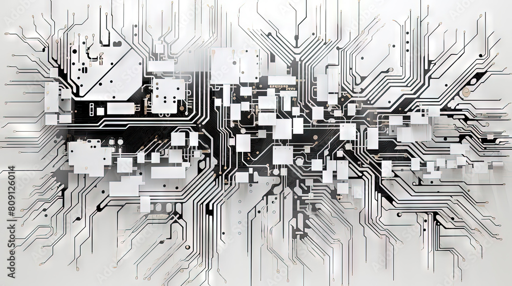 Poster abstract circuit board concept with black track lines on white background.