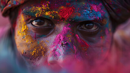 close up of a color festival scene in india, face with colors, colored background