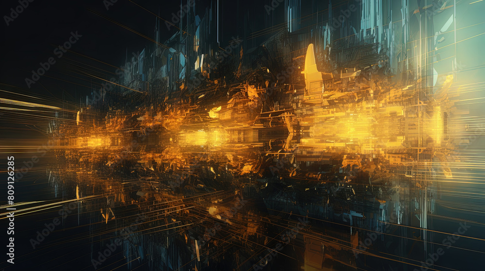 Poster Abstract technology burst with glowing wires and particles in motion. Technology and science dynamic background.
